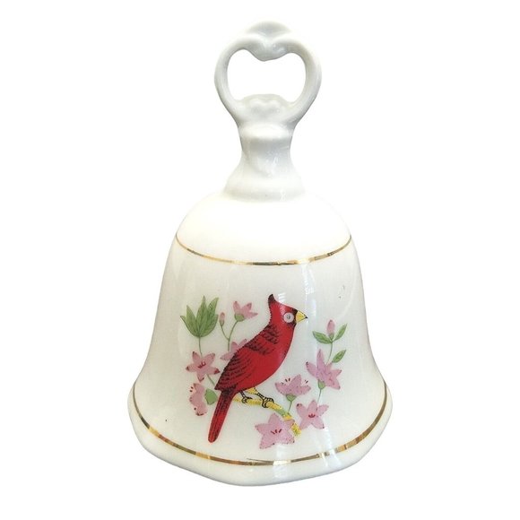 Vtg Red Bird Dinner Bell Cardinal Christmas Porcelain Pink Flowers - Picture 9 of 9